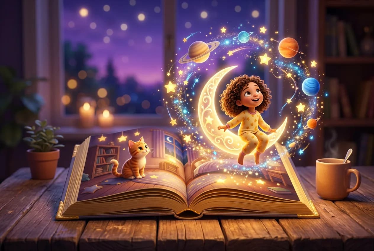 An open storybook coming to life: a girl riding the moon among the stars